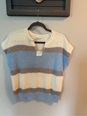 Striped Scoop-Neck Short-Sleeve Sweater in Blue, Cream & Brown